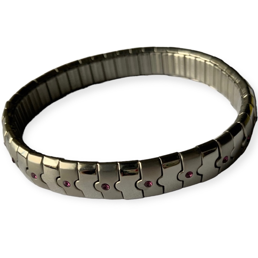 Vintage 90s Stainless Steel Expansion Bracelet Stretch with pink crystals